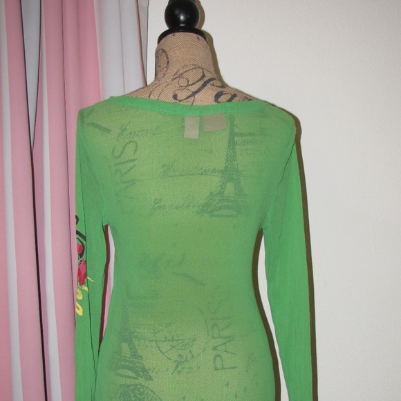 Thalia Sodi Mesh Long Sleeves Green Top - Picture 4 of 8